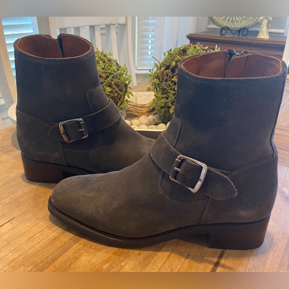 Frye Shoes - Frye Suede Harness Ankle Boots Gray Buckle Moto Style Women’s Size 8 B